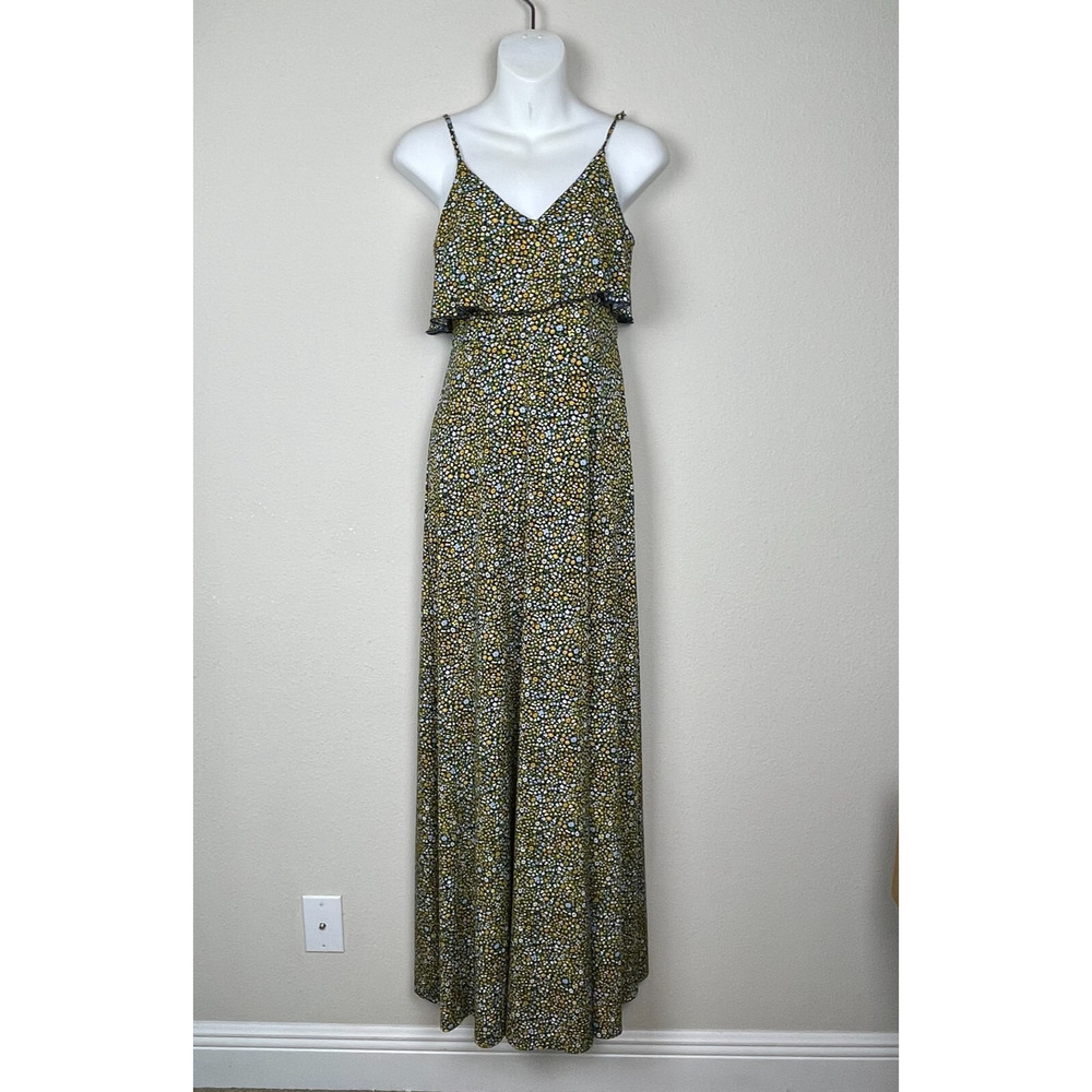 Michael Michael Kors Maxi Dress XS Yellow Green Floral Ruffle Spaghetti Strap